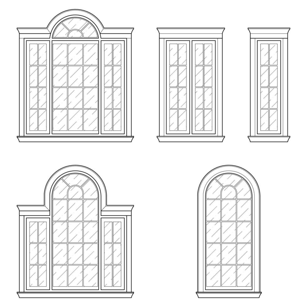 klassisk fönster uppsättning grafisk svart vit isolerat skiss illustration vektor