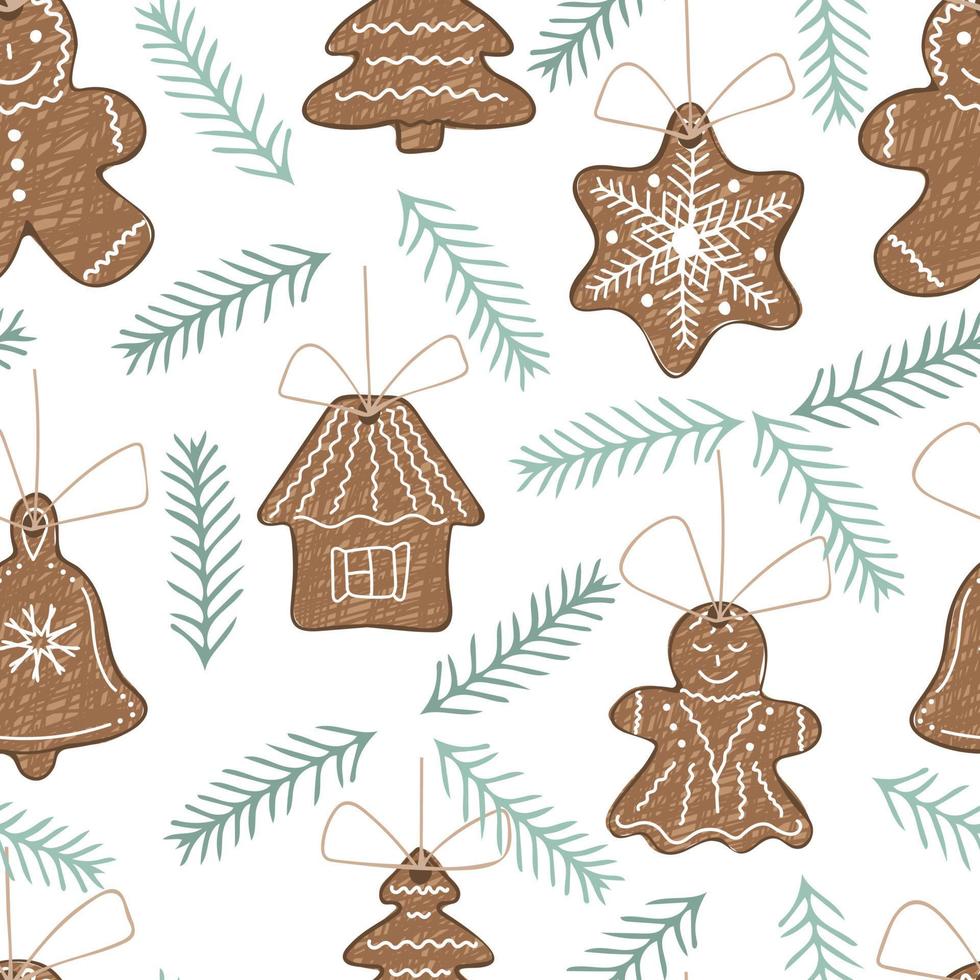 nahtlos Muster mit Hand gezeichnet Lebkuchen und Geäst von Weihnachten Baum vektor