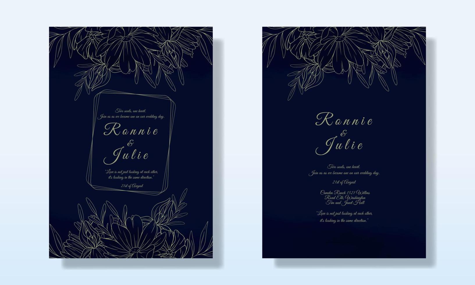 dunkel Blau Hochzeit Einladung Aquarell minimalistisch Blumen- Blatt Blume Linie Kunst Karte Vorlage Design. Hochzeit Einladung Blumen- Linie Kunst schön Vorlage. Hochzeit Einladung Karte Satz, vektor