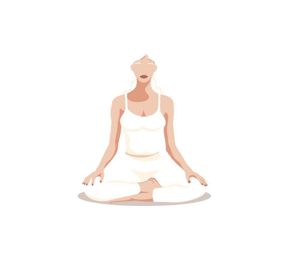 Yoga Frau. ein Frau tut Yoga im ein Lotus Position auf ein Weiß Hintergrund. das Konzept von Meditation, Yoga und ein gesund Lebensstil. gesichtslos Stil. Vektor Illustration.