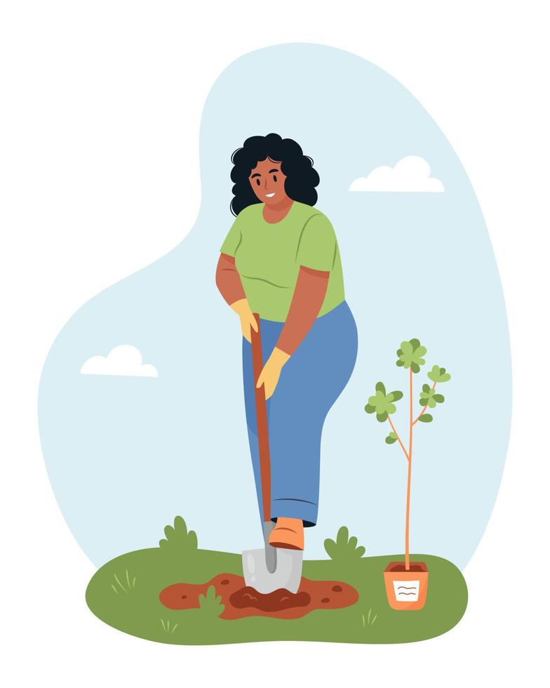 kvinna plantering träd. kvinna karaktär arbete i trädgård. vår trädgårdsarbete begrepp. vektor platt illustration.