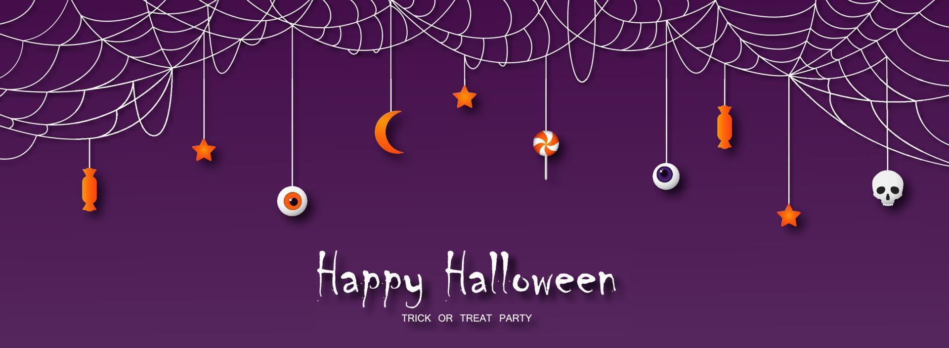 glücklich Halloween Gruß Karte im Papier Schnitt Stil. Süssigkeit, Schädel, Sterne und Mond hängend auf ein Spinnennetz auf ein lila Hintergrund. vektor
