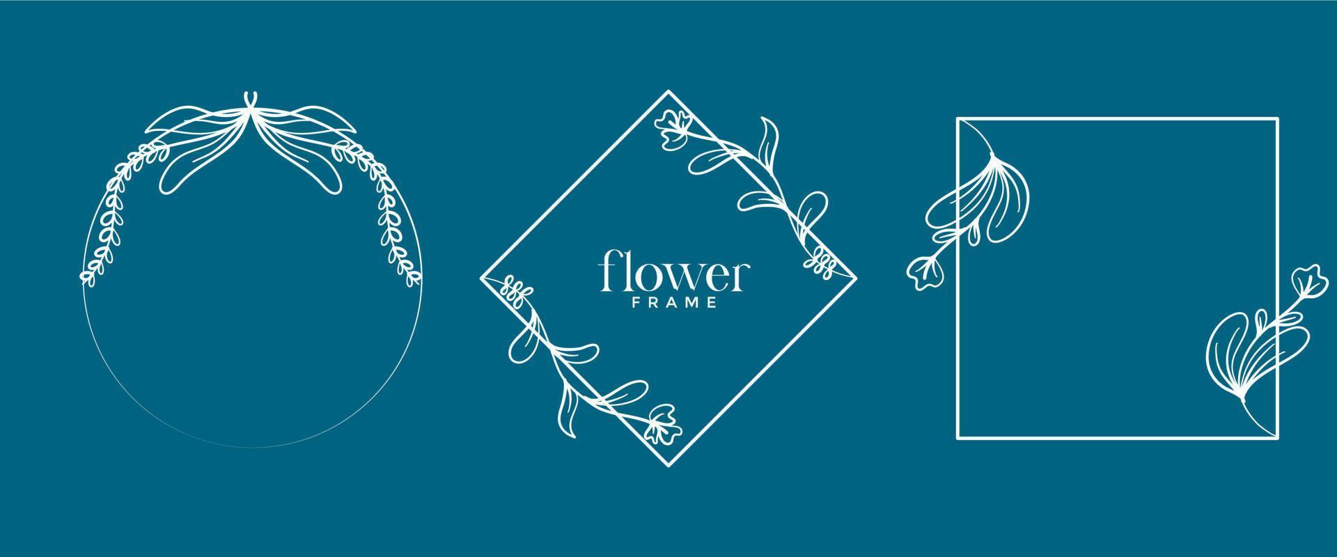 Hand gezeichnet Blumen- Rahmen im Linie Stil. einstellen einfach minimal Kranz mit Blumen- Geäst und Blätter. Vektor Logo Vorlage zum Etiketten, korporativ Identität, Hochzeit Einladungen, Gruß Karten