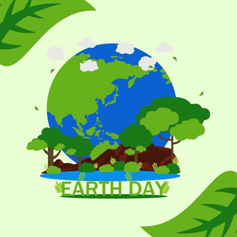 Lycklig jord dag. vektor illustration av jord dag design. design för jord dag firande eller miljö- bekymmer. grön värld av natur med träd, växt, gräs, buske, blad och sjö