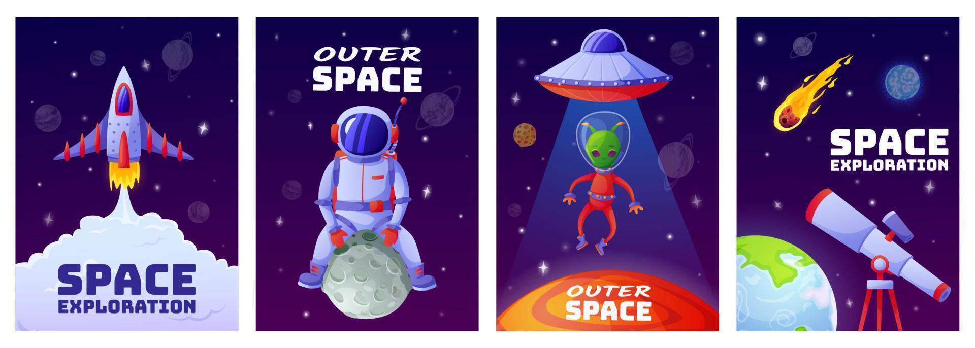 Karikatur Raum Plakate. Universum Banner mit Astronaut, Rakete, Außerirdischer, UFO, Planeten, Sterne. Karikatur Kinder Kosmos Poster Vektor Vorlage einstellen