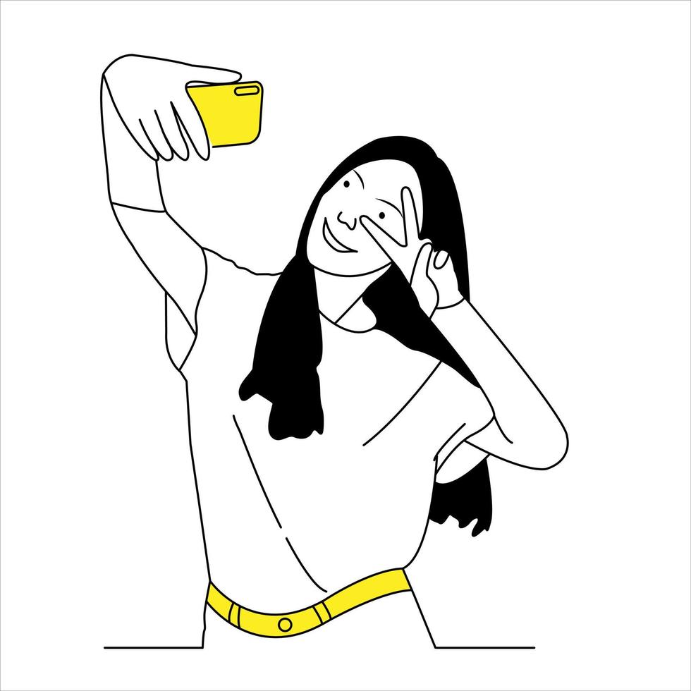 linje konst illustration frisör ung kvinna med smartphone selfie vektor. vektor