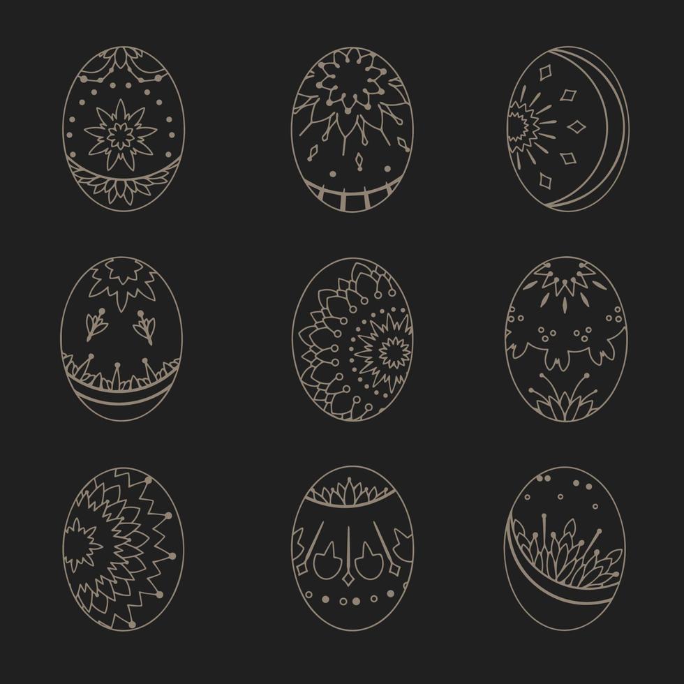 teckning på en mörk bakgrund, en uppsättning av påsk ägg med skön mönster vektor