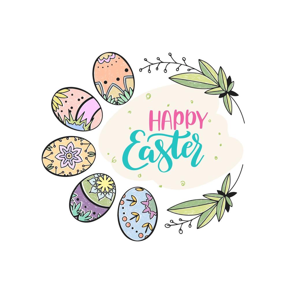 Dekoration, Urlaub Karte mit Ostern Eier und Grün, glücklich Ostern, auf Licht Hintergrund vektor
