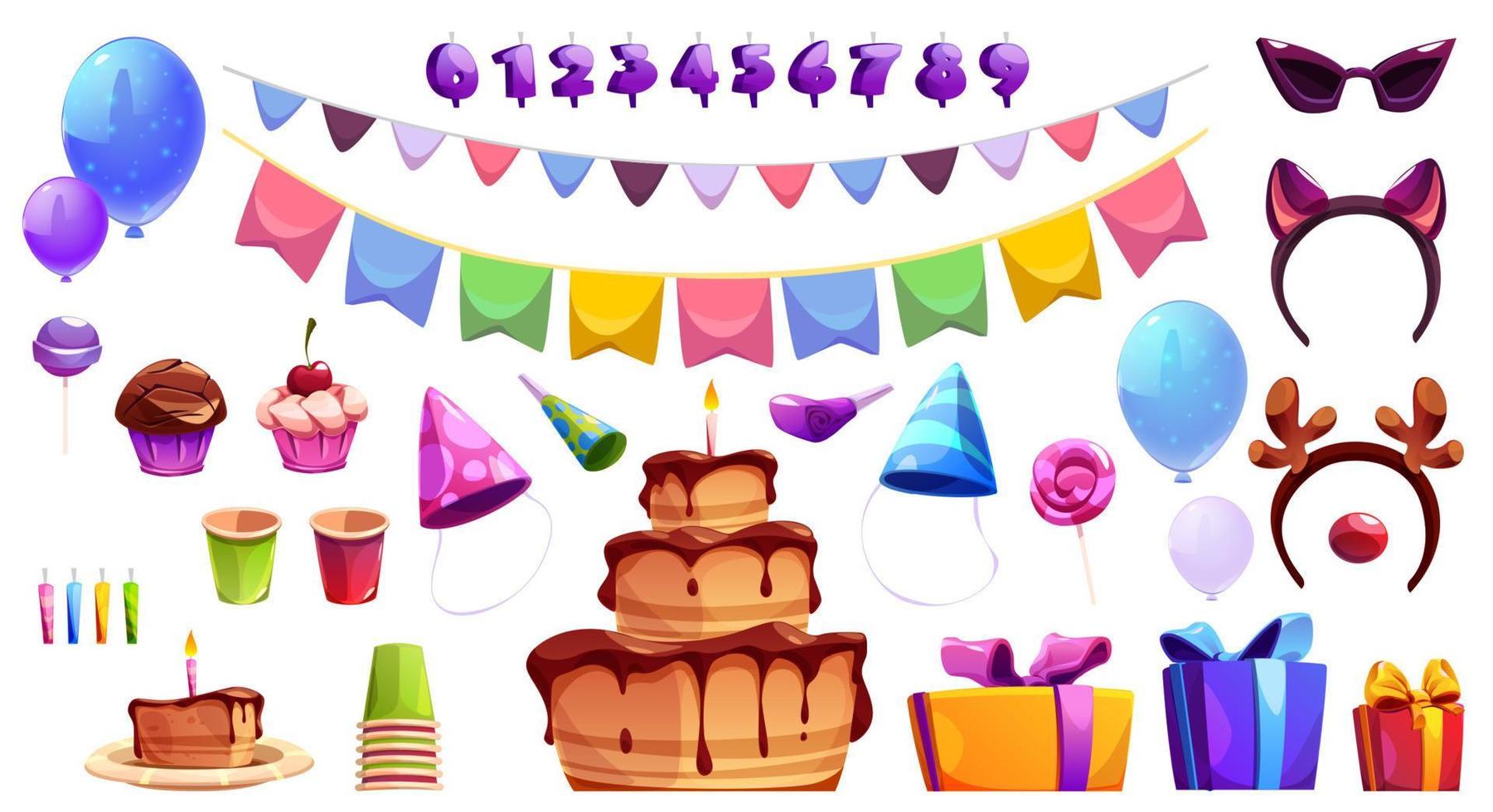 söt födelsedag vektor fest element uppsättning med kaka