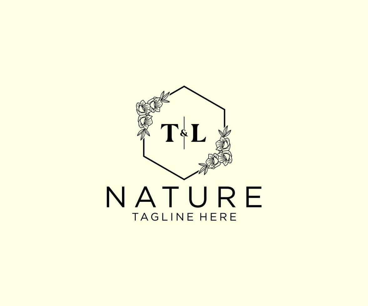 första tl brev botanisk feminin logotyp mall blommig, redigerbar förhandsgjord monoline logotyp lämplig, lyx feminin bröllop varumärke, företags. vektor