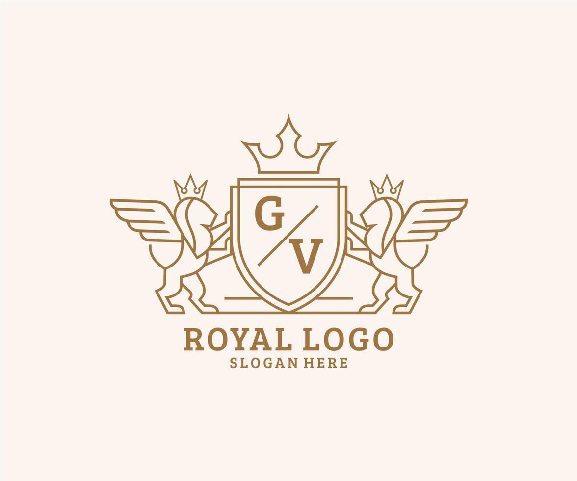 Initiale gv Brief Löwe königlich Luxus heraldisch, Wappen Logo Vorlage im Vektor Kunst zum Restaurant, Königtum, Boutique, Cafe, Hotel, heraldisch, Schmuck, Mode und andere Vektor Illustration.