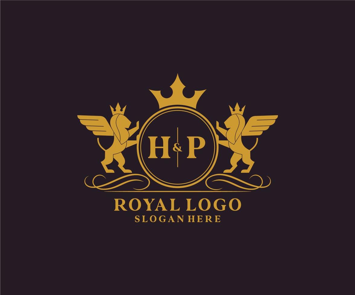 första hp brev lejon kunglig lyx heraldisk, vapen logotyp mall i vektor konst för restaurang, kungligheter, boutique, Kafé, hotell, heraldisk, Smycken, mode och Övrig vektor illustration.