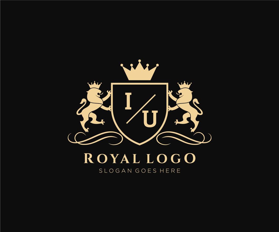 första iu brev lejon kunglig lyx heraldisk, vapen logotyp mall i vektor konst för restaurang, kungligheter, boutique, Kafé, hotell, heraldisk, Smycken, mode och Övrig vektor illustration.