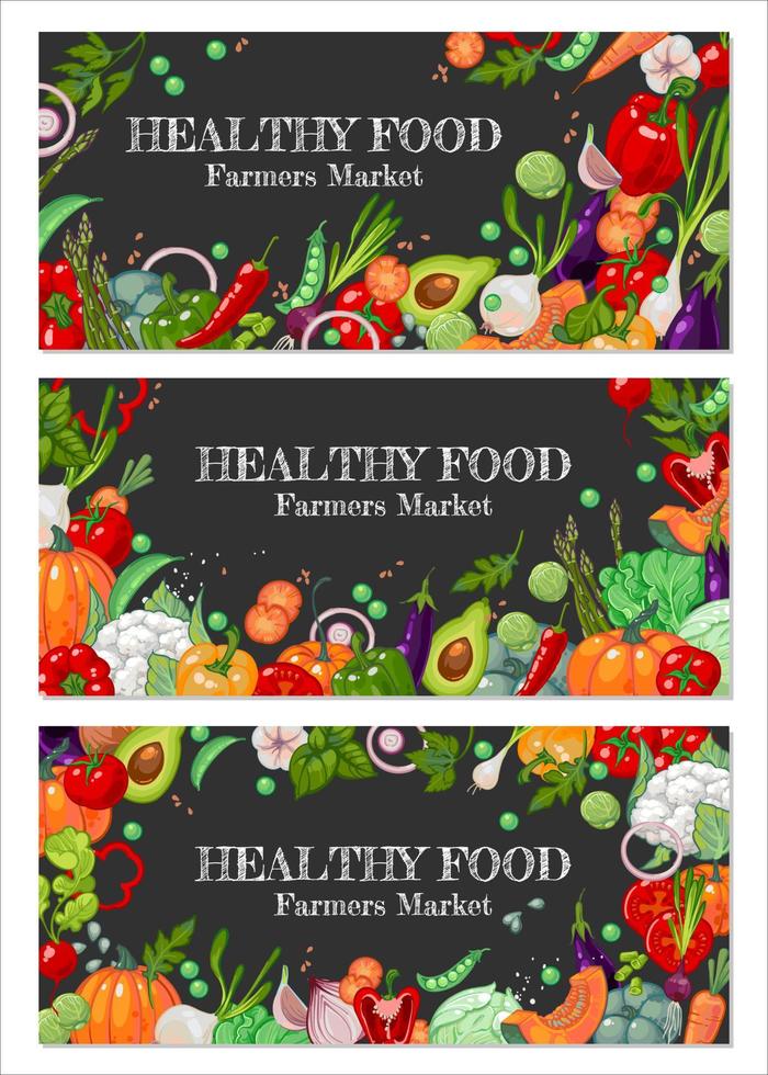Werbung Banner zum Bauern Markt. organisch Vegetarier Essen Banner. hell saftig Garten Gemüse auf ein Tafel oder dunkel Hintergrund. ein Neu Ernte von Tomaten, Glocke Pfeffer, Kohl, Zwiebeln, Erbse vektor