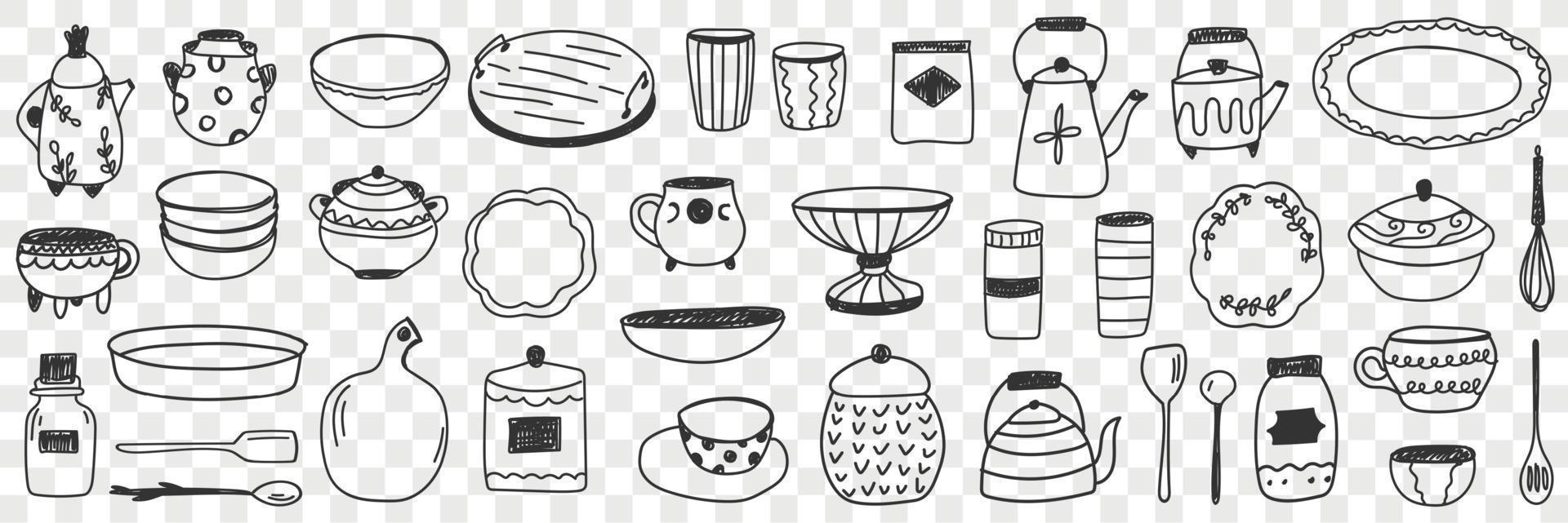 Geschirr auf Küche Gekritzel Satz. Sammlung von Hand gezeichnet Küche und Geschirr Bretter Töpfe Wasserkocher Platten Besteck Brille Tassen zum Kochen und Essen isoliert auf transparent Hintergrund vektor
