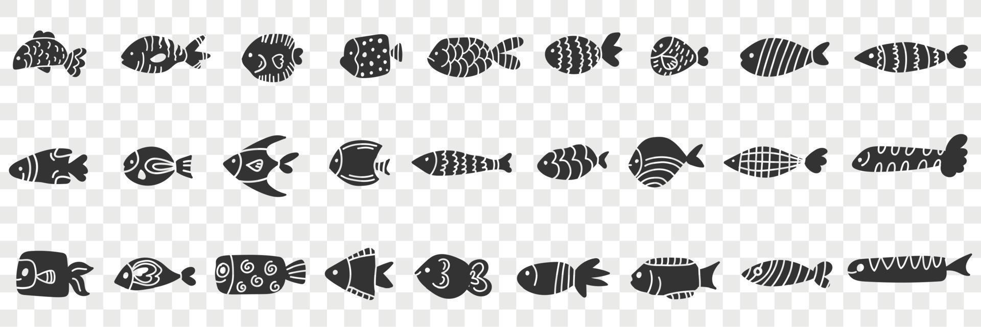fiskar av olika mönster klotter uppsättning. samling av hand dragen olika fiskar av annorlunda mönster och former simning i hav isolerat på transparent bakgrund vektor