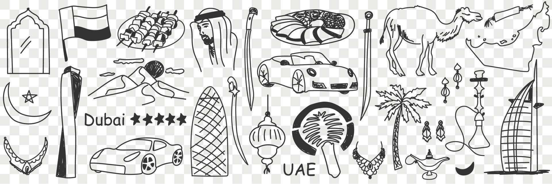 Arabisch Emirate Symbole Gekritzel Satz. Sammlung von Hand gezeichnet verschiedene vereinigt Arabisch Emirate Tourismus Zeichen traditionell Kultur und Reisen im Reihen isoliert auf transparent Hintergrund vektor