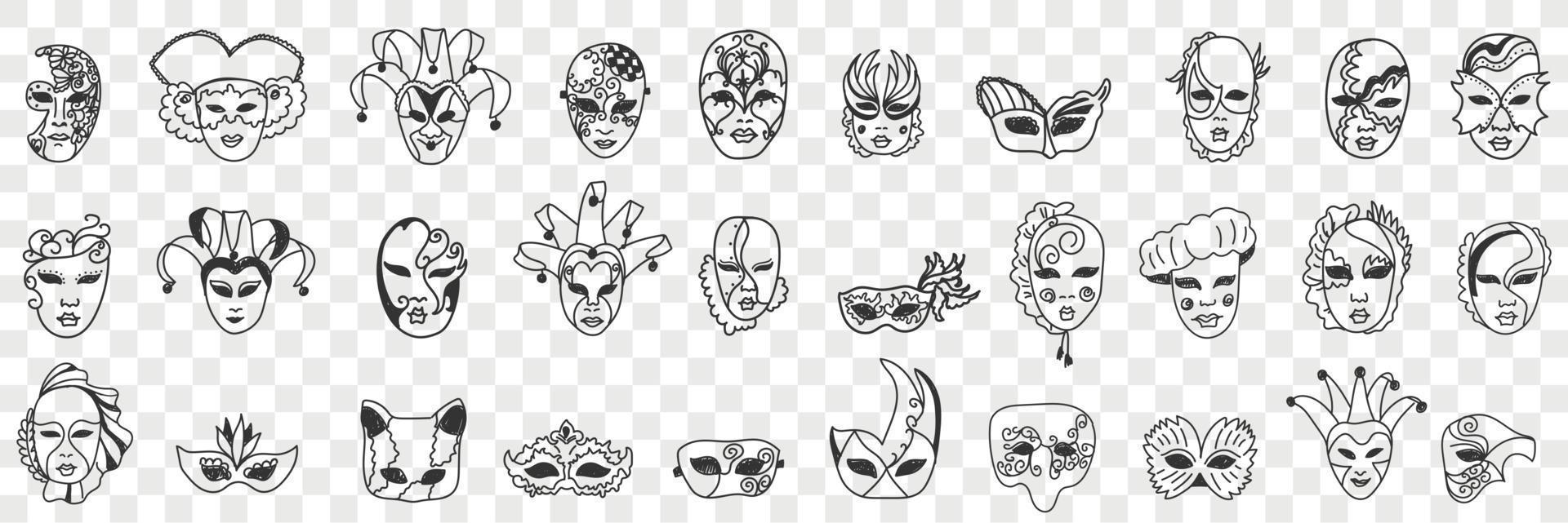 karneval masker sortiment klotter uppsättning. samling av hand dragen olika stilar av dekorativ ansikte masker som festival karneval kostymer isolerat på transparent bakgrund vektor illustration