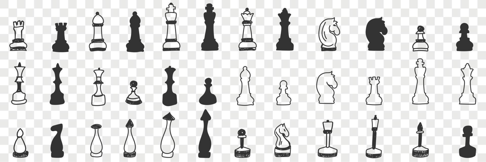 chessmen på styrelse klotter uppsättning. samling av hand dragen olika chessmen för spelar spel vit och svart på styrelse för schack isolerat på transparent bakgrund vektor