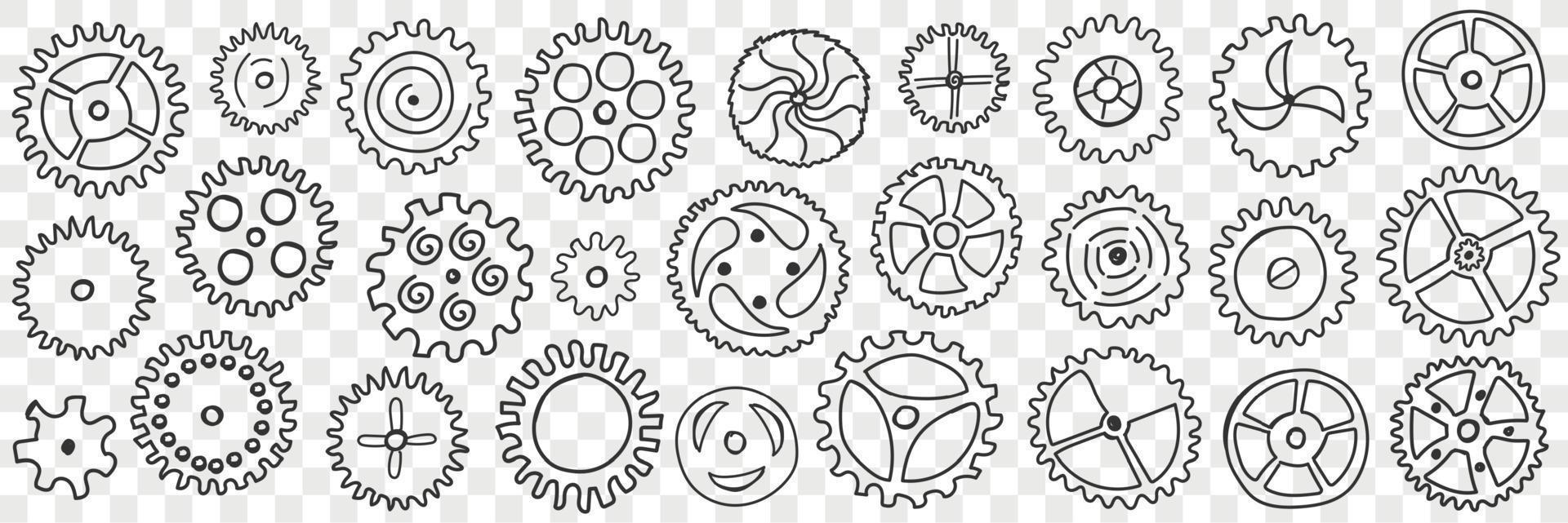 cirkel kugghjul med mönster klotter uppsättning. samling av hand dragen olika kugghjul mekanismer med mönster och annorlunda fyllning industriell teknik hjul isolerat på transparent bakgrund vektor