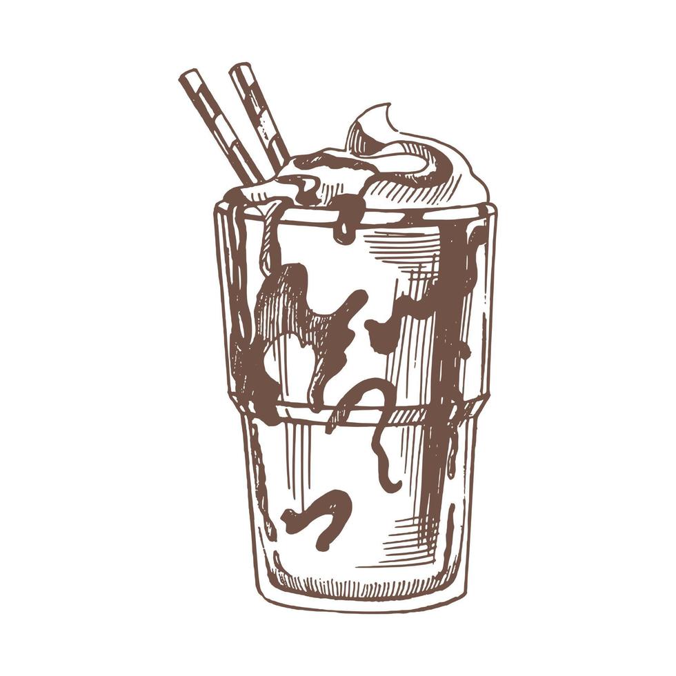 en ritad för hand skiss av glas av choklad milkshake. årgång, klotter illustration. element för de design av etiketter, förpackning och vykort. vektor