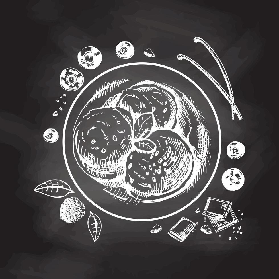en ritad för hand skiss av ett is grädde bollar i en tallrik med choklad, bär, vanilj skida isolerat på svarta tavlan bakgrund. topp se. årgång illustration. vektor
