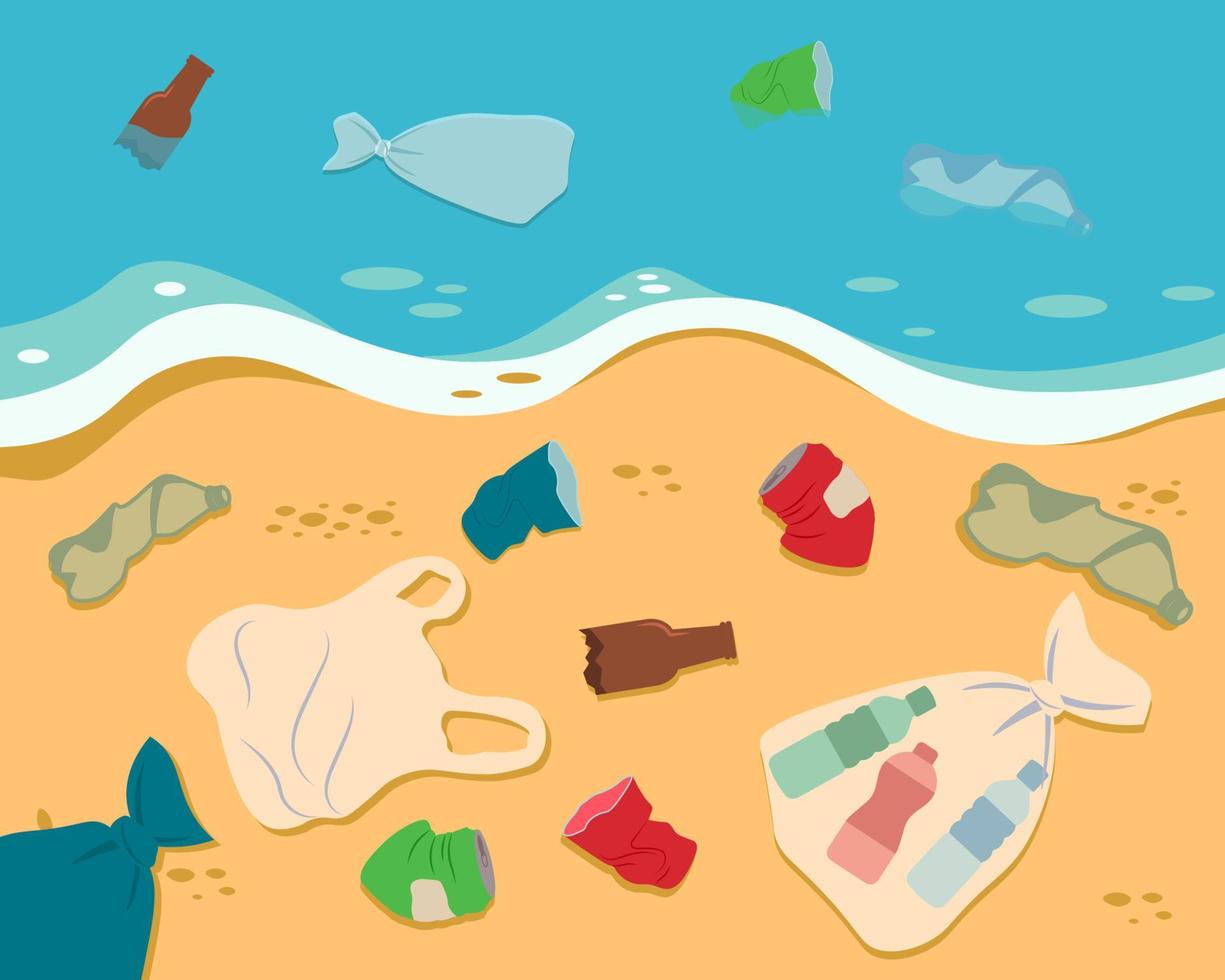 schmutzig Meer Ufer. Plastik Müll, Müll auf das Strand. Ökologie Problem eben Stil Vektor Illustration