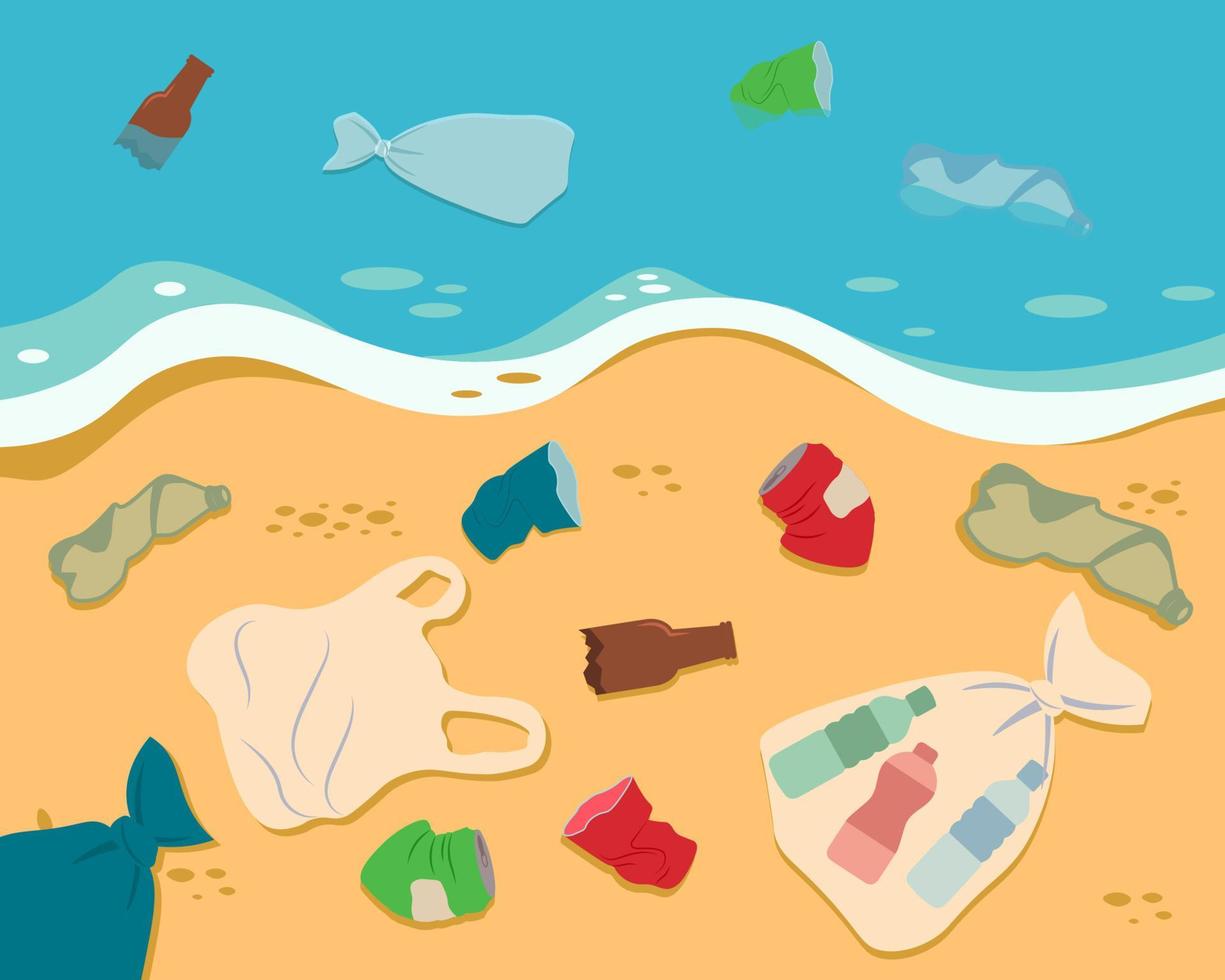 smutsig hav Strand. plast skräp, skräp på de strand. ekologi problem platt stil vektor illustration