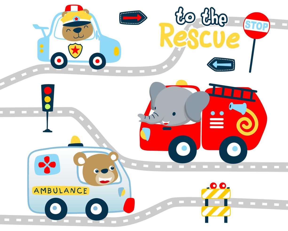 Vektor Illustration von komisch Tiere Karikatur auf Rettung Fahrzeuge, der Verkehr Elemente Karikatur