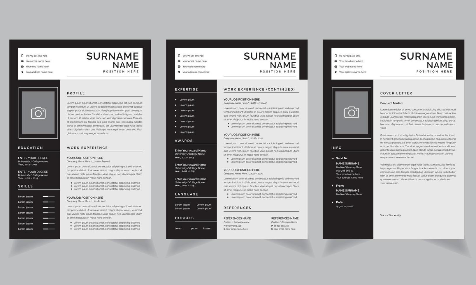 Fachmann fortsetzen Lebenslauf Layout und Startseite Brief Arbeitsplätze Design vektor