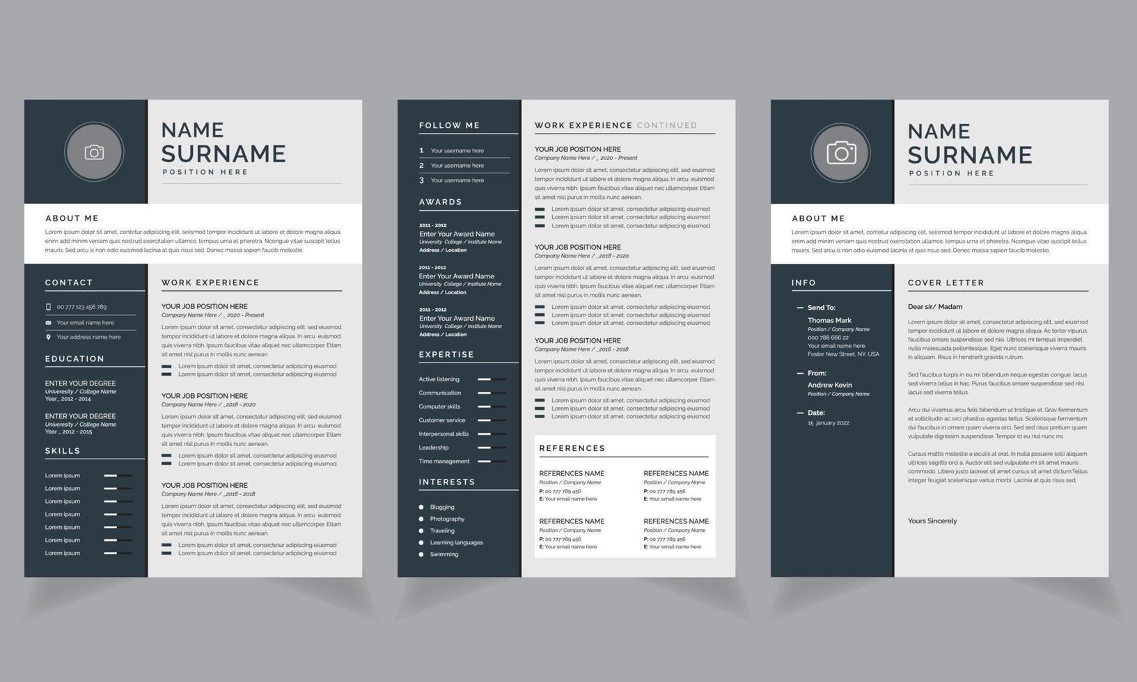 Fachmann fortsetzen Lebenslauf Vorlage und Startseite Brief Arbeitsplätze Design Layout vektor