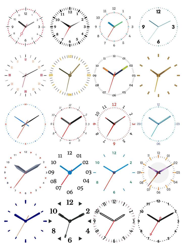uppsättning av tjugo mekanisk klockor. klocka ansikte på vit bakgrund. vektor