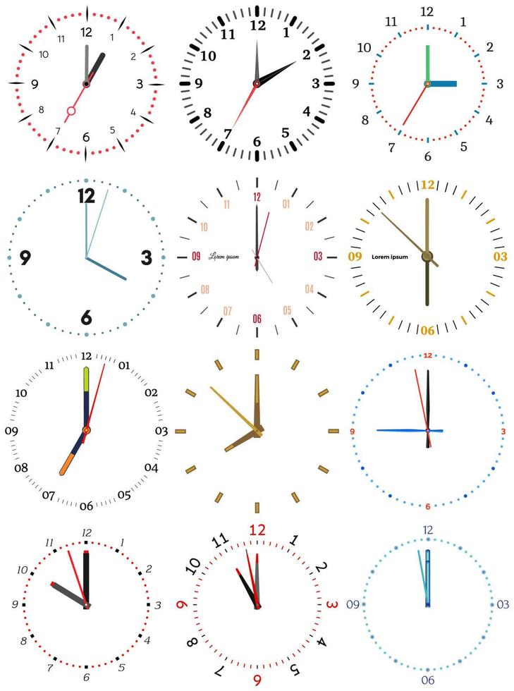 en uppsättning av annorlunda mekanisk klockor med ett bild av varje av de tolv timmar. klocka ansikte på vit bakgrund. vektor