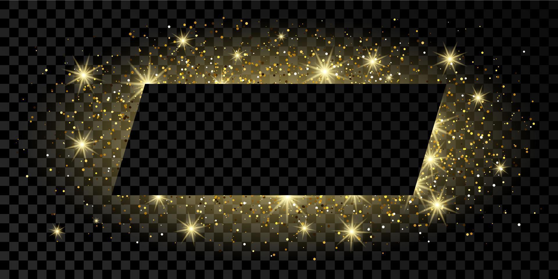 goldener rechteckrahmen mit glitzern, funkeln und fackeln auf dunklem transparentem hintergrund. leere luxuskulisse. Vektor-Illustration. vektor