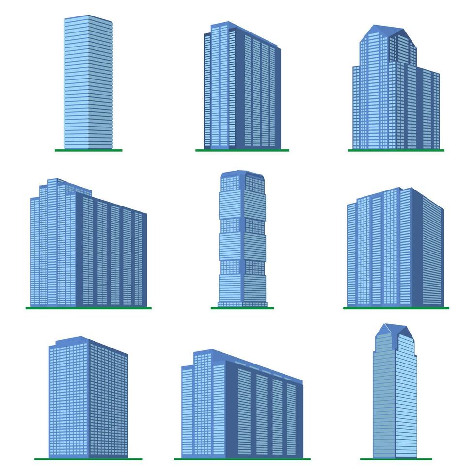 Satz von neun modernen Hochhaus auf weißem Hintergrund. Ansicht des Gebäudes von unten. isometrische vektorillustration. vektor
