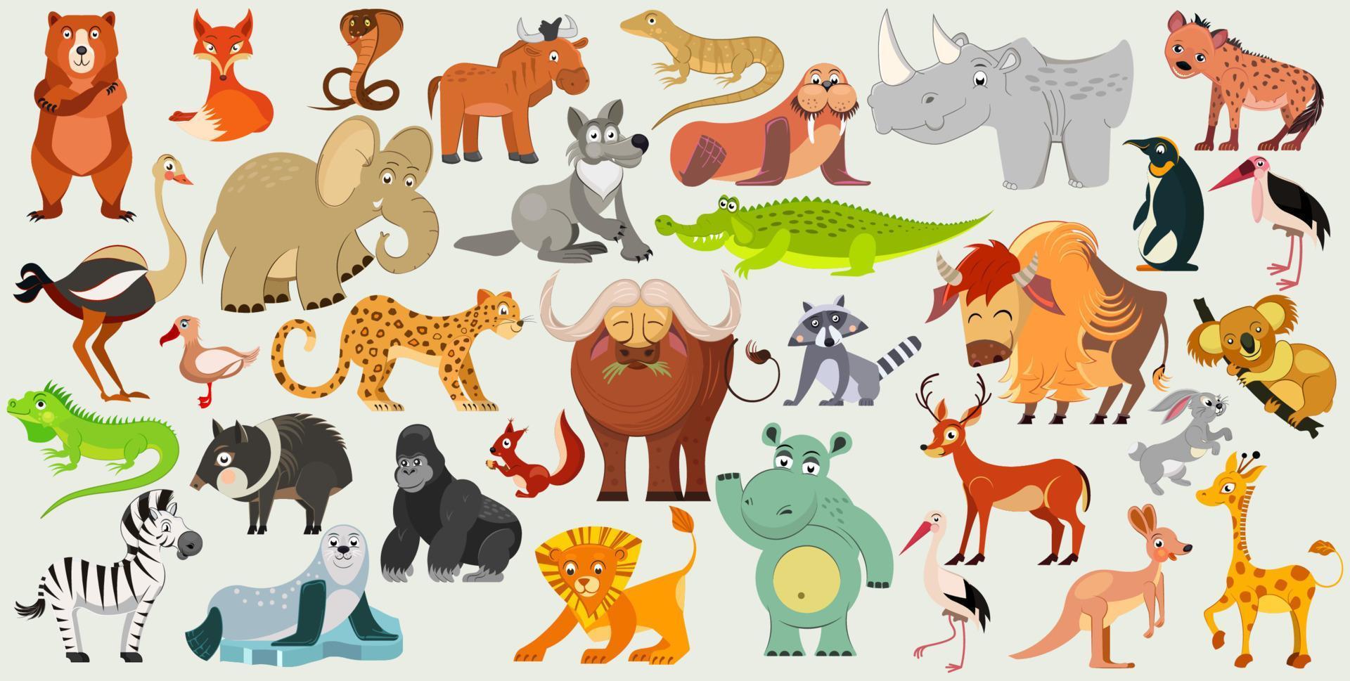 uppsättning av rolig djur, fåglar och reptiler från Allt över de värld. värld fauna. vektor illustration
