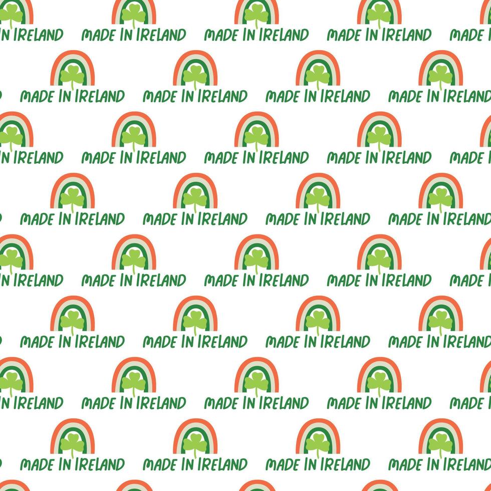 Heilige Patrick's Tag Vektor nahtlos Muster mit Beschriftung gemacht im Irland Regenbogen Kleeblatt