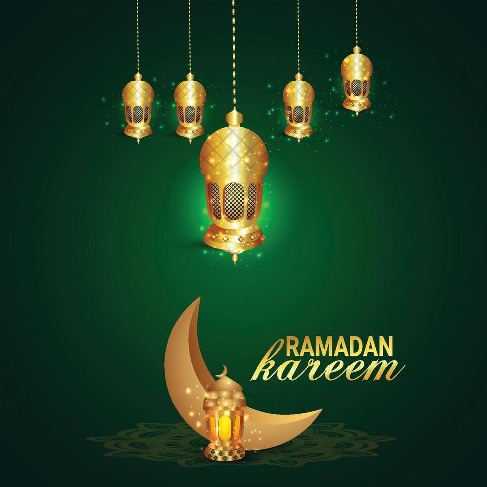 ramadan mubarak eller eid mubarak med gyllene arabisk lykta vektor