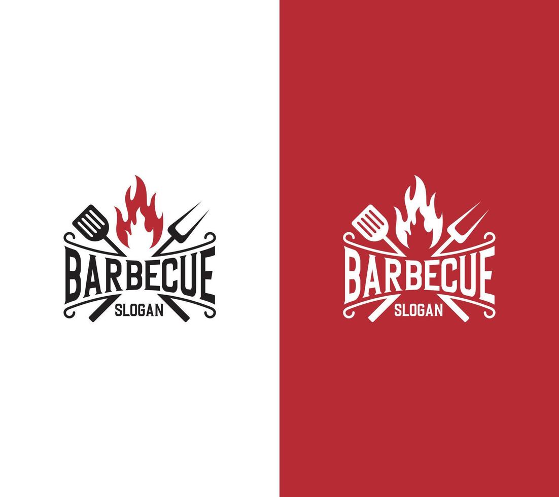 Grill Logo Design mit Grill Essen, Feuer, Spatel Konzept auf Weiß Hintergrund, Vektor Illustration.