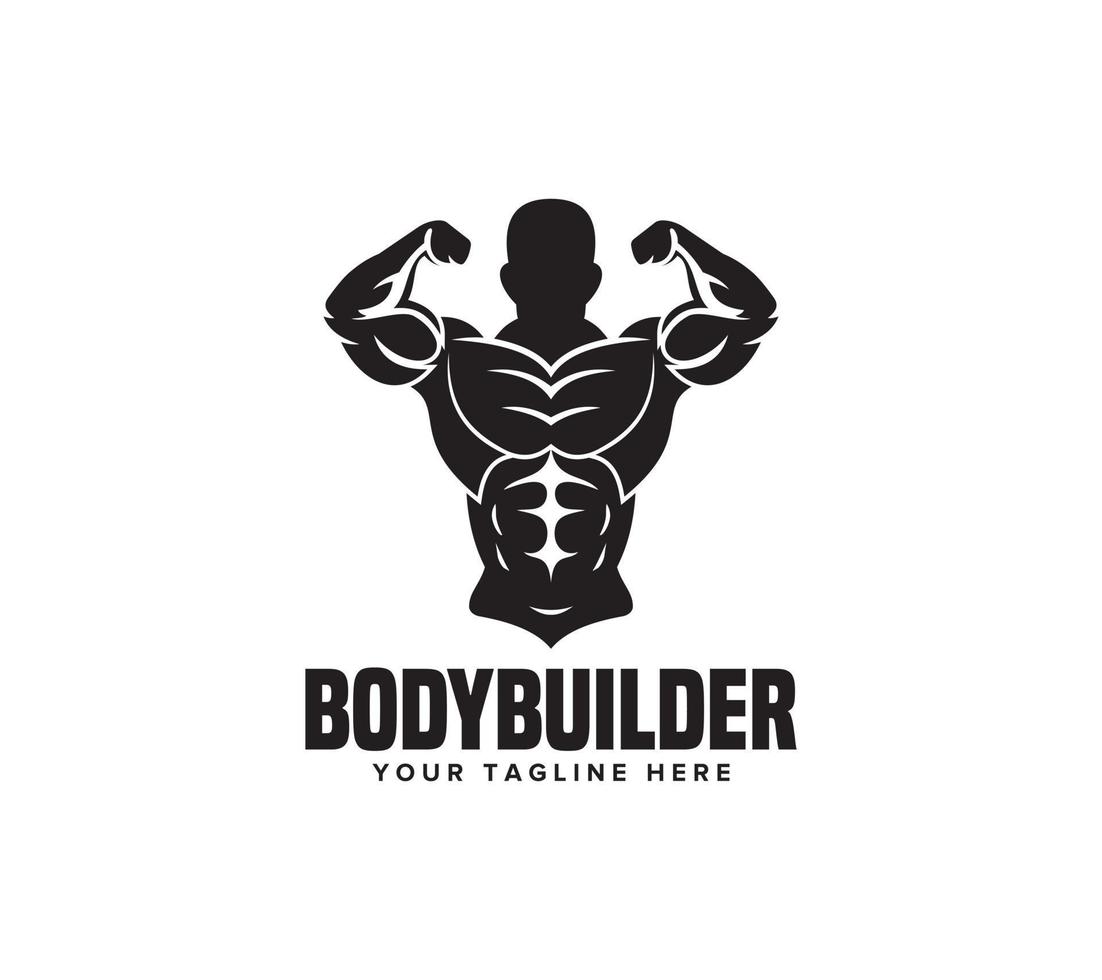 Bodybuilder männlich Logo Design mit Fitness Fitnessstudio auf Weiß Hintergrund, Vektor Illustration.