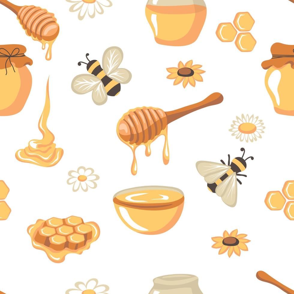 nahtlos Muster mit Honig tropft von ein hölzern Honig Schöpflöffel, Bienen, Gläser, Blumen und Waben vektor