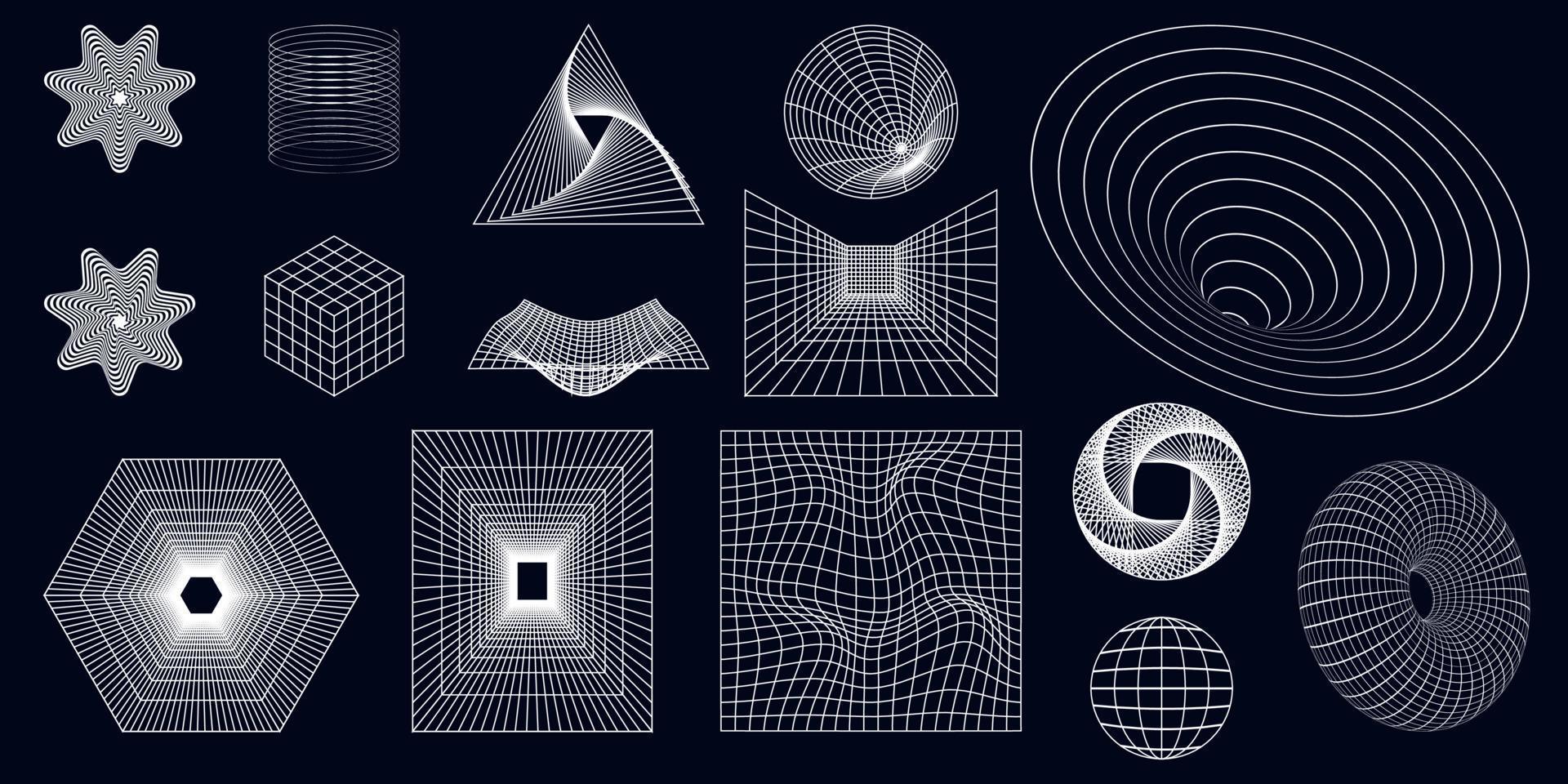 geometrisch Drahtmodell Formen und Gitter im Weiß. 3d abstrakt Hintergründe, Muster, Cyberpunk Elemente im modisch psychedelisch Stil. y2k. vektor