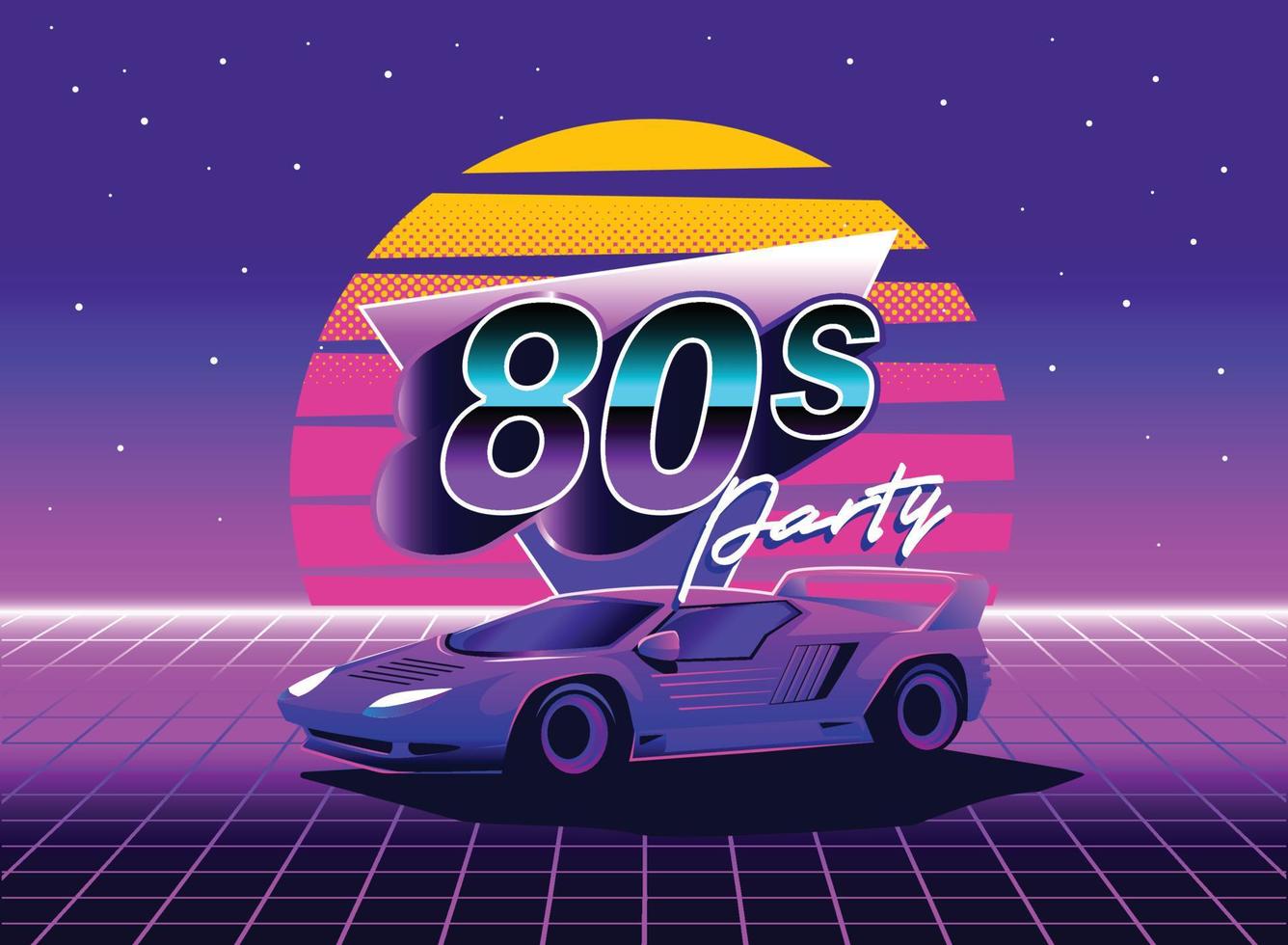 retro 80er sci-fi futuristischer hintergrund mit supersportwagen. vektorretro-futuristische synth-wave-illustration im plakatstil der 1980er jahre. Retro-nostalgisches Vaporwave-Cyberpunk-Kunstwerk mit leuchtenden Neonfarben vektor