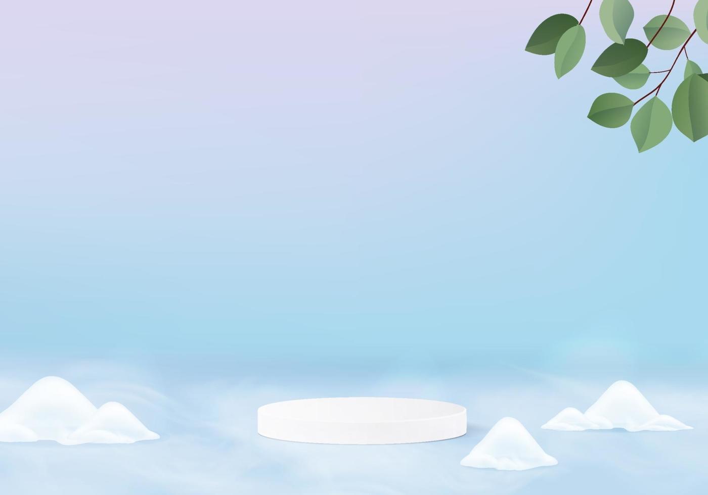 fallende Weihnachten glänzende Schnee minimale Szene mit geometrischer Plattform. Winterferien Eisschnee Hintergrundvektor 3d Rendering mit Podium. stehen, um Produkte zu zeigen. Bühnenvitrine auf 3d blau Pastell vektor