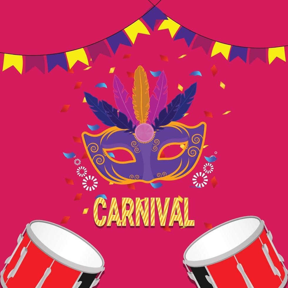 Karneval flaches Design Einladungskarte mit flacher Trommel und Maske vektor