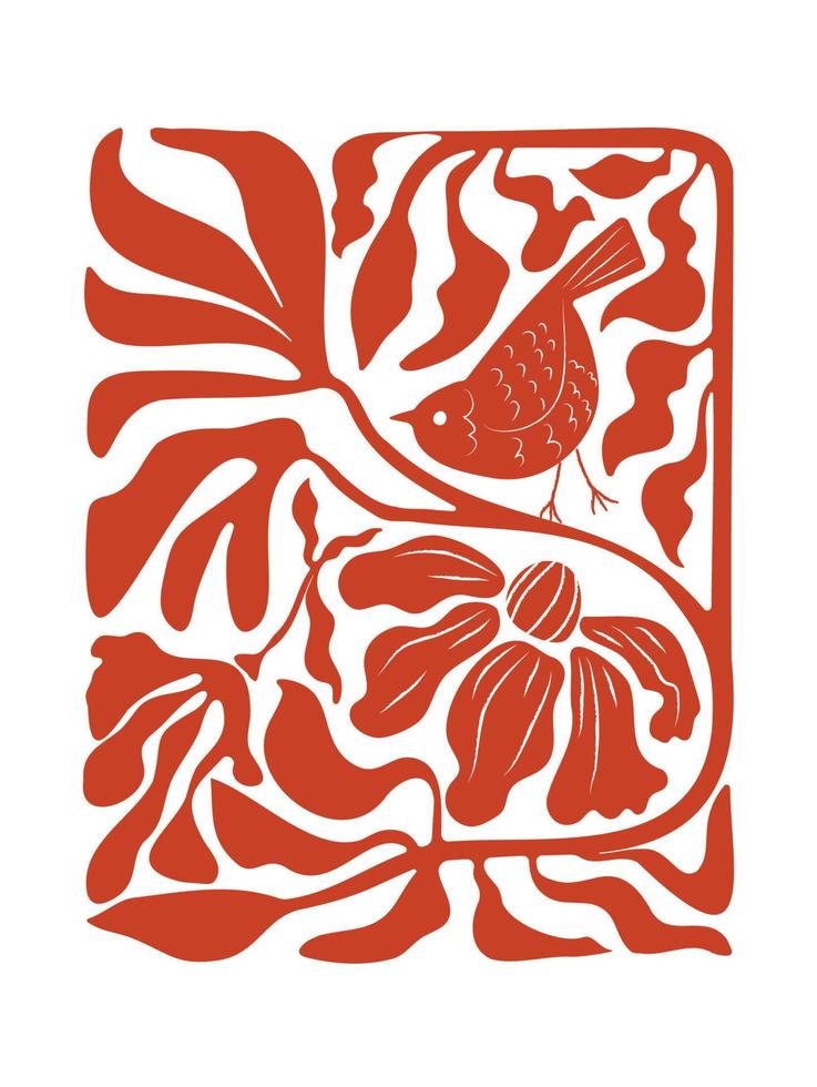 matisse konst bakgrund vektor. abstrakt naturlig hand dragen mönster design med fågel, blomma, löv. enkel samtida stil illustrerade design för tyg, skriva ut, omslag, baner, tapet. vektor