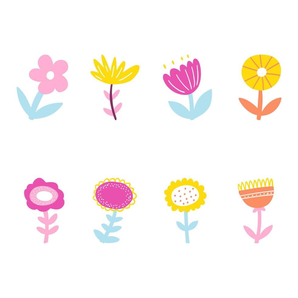 einstellen von Hand gezeichnet abstrakt Pflanzen. Vektor Illustration von minimalistisch bunt Blumen, naiv Kunst