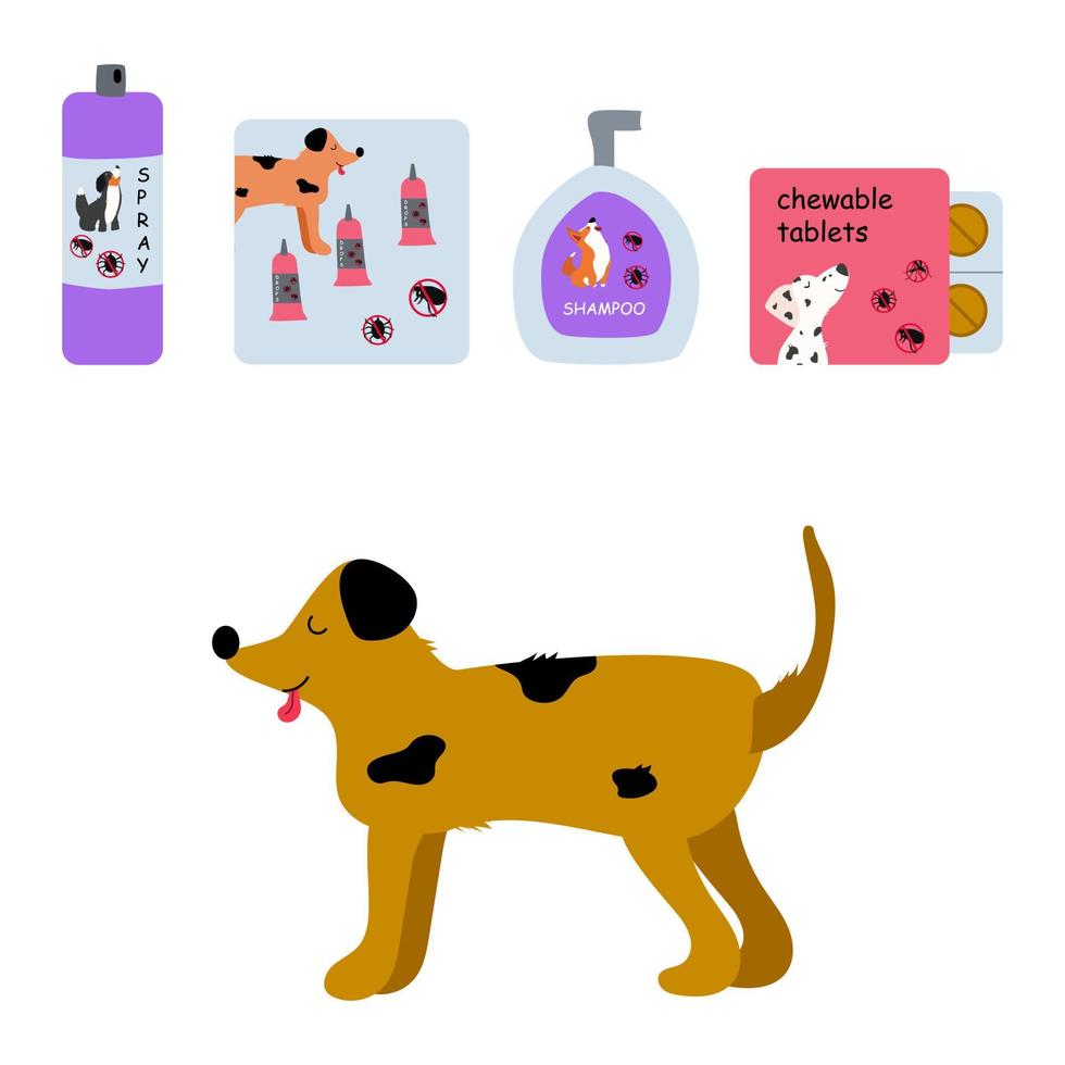 Floh und Tick aktuell Lösungen. Schild zum Hunde. abstößt und tötet Floh und Tick. sprühen, Shampoo, Tropfen, Tablets, Kragen. vektor