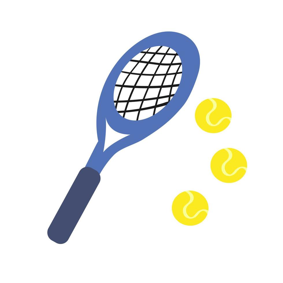 tennis racket med boll i tecknad serie stil. vektor platt illustration med vit isolerat bakgrund.