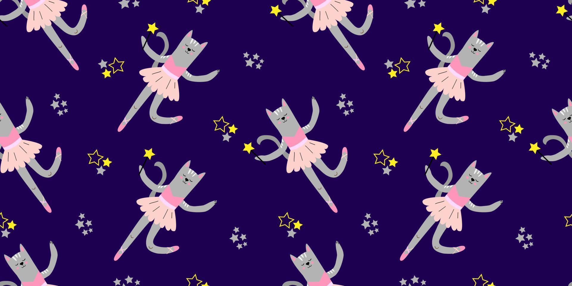 nahtlos Kinder- Zeichnung mit ein süß Fee Katze und Sterne auf ein Blau Hintergrund. Katze Ballerina. Muster zum Mädchen. kreativ Kinder- Textur zum Stoff, Verpackung, Textilien, Hintergrund, Kleidung. vektor